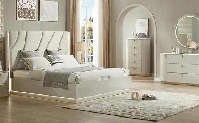 6 Pc Beige Lacquer Bedroom Set With Dresser, Mirror, Chest, Nightstands