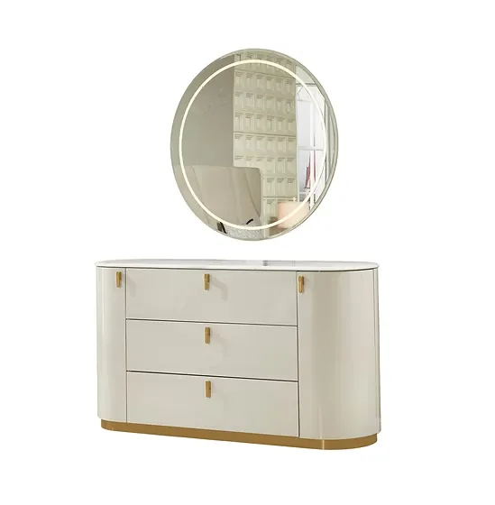 6 Pc Beige Lacquer Bedroom Set With Dresser, Mirror, Chest, Nightstands